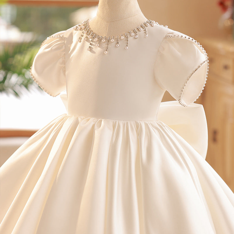 Elegant Baby Girl White Satin Flower Girl Dress Toddler First Birthday Dress