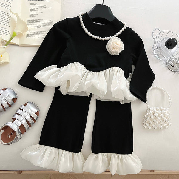 Girls' Autumn Ruffled Top and Bootcut Pants Two-Piece Set