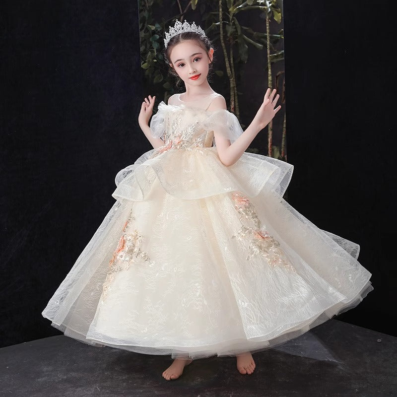 Champagne Flower Girl Fluffy Princess Dress Birthday Party Dress