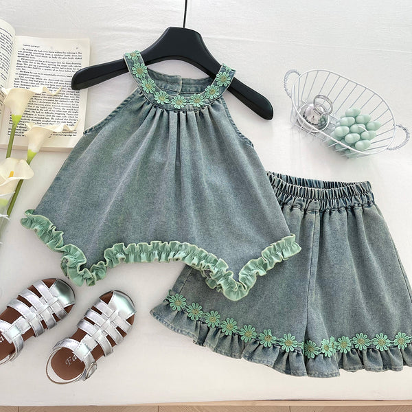 Girls' Summer Halter Neck Backless Top and Shorts Two-piece Set