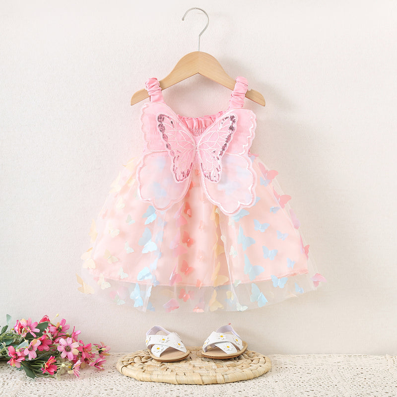 Girls Suspender Dress Girls Cute Bow Mesh Patchwork Dress