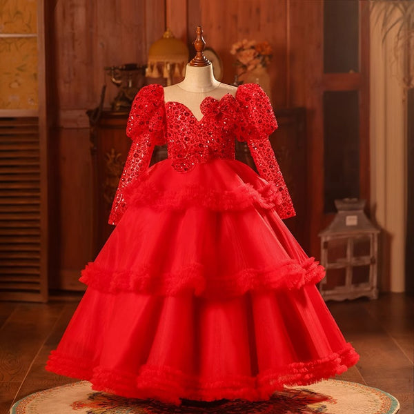 Elegant Baby Girls Red Long Puff Sleeve Mesh Dress Toddler Sequin Birthday Costume Princess Dress