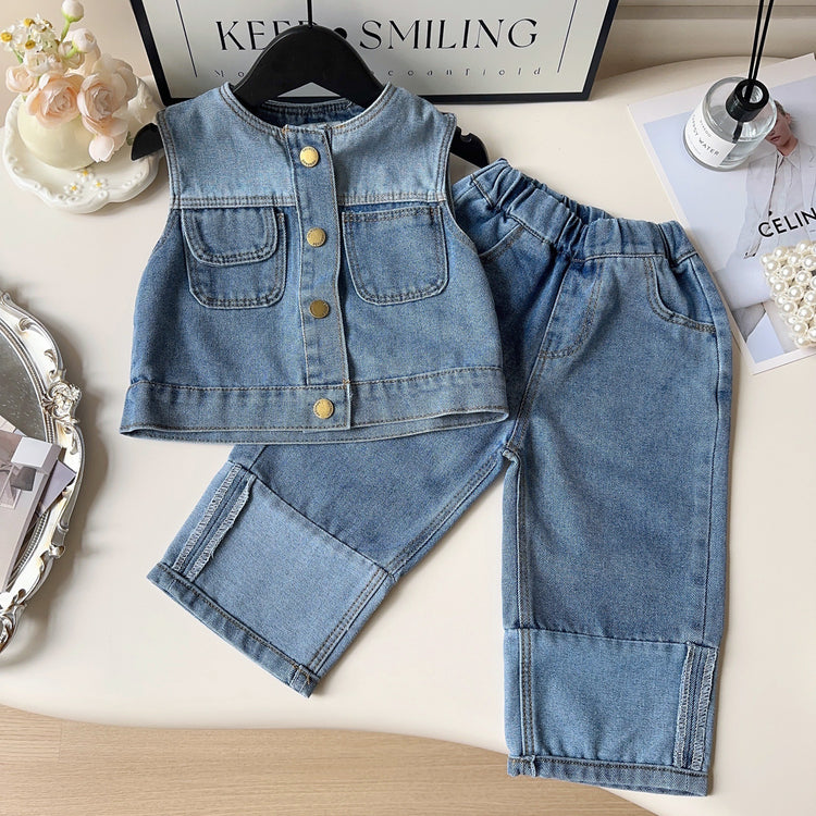 Girls Retro Denim Vest Pants Two-Piece Set