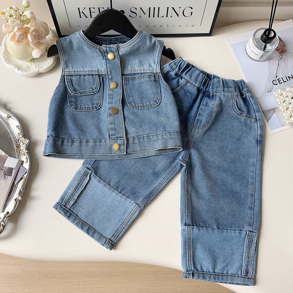 Girls Retro Denim Vest Pants Two-Piece Set
