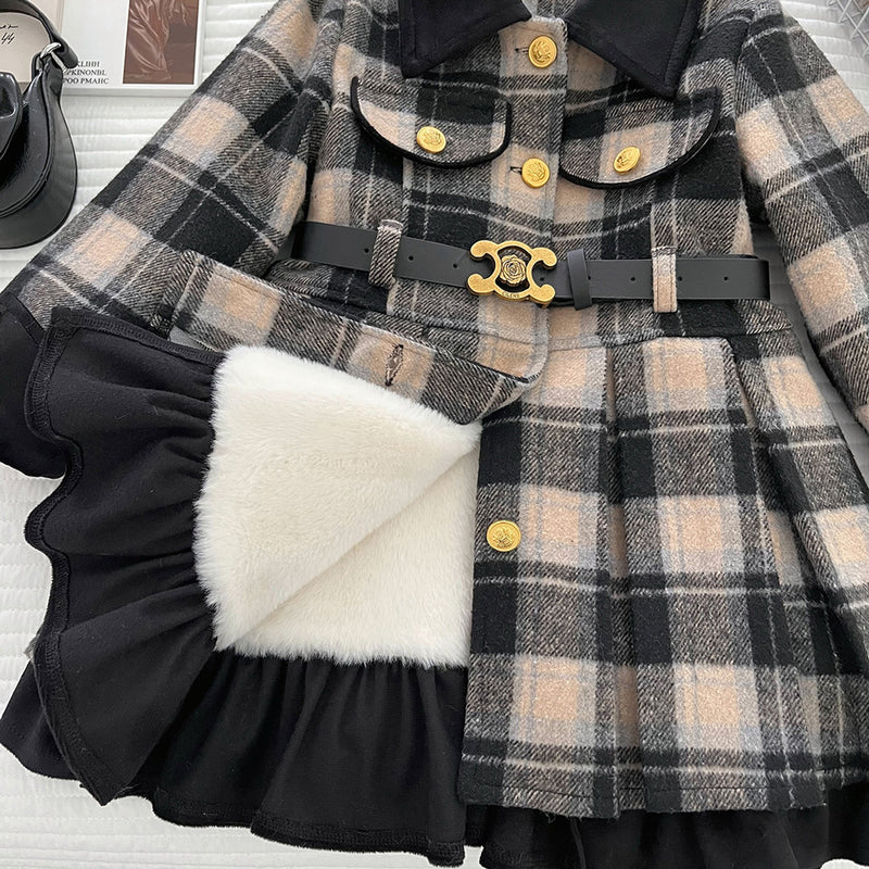 Girls Winter Cute Color-blocked Plaid Coat