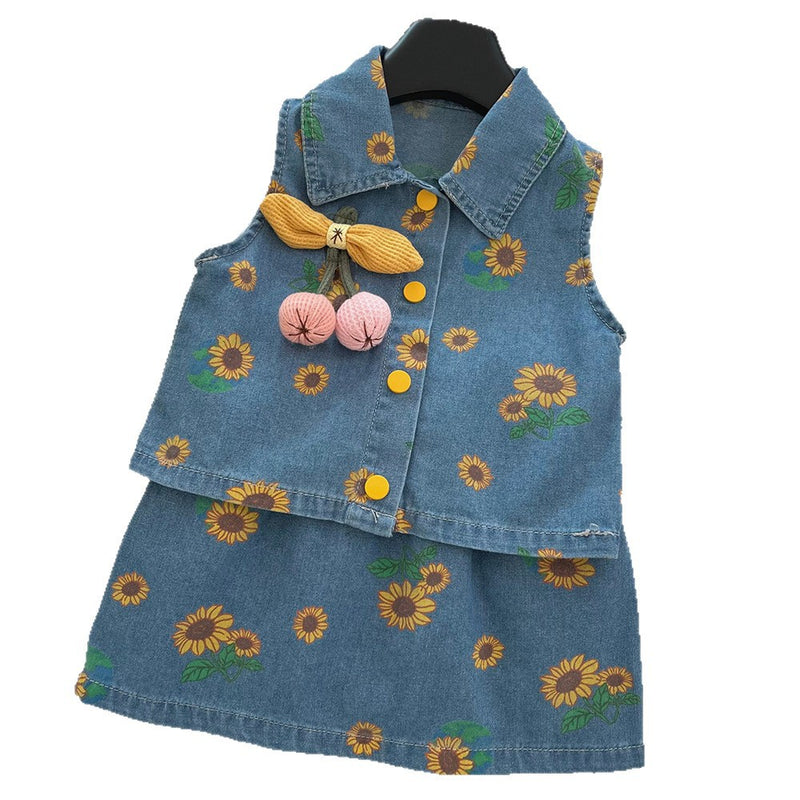 Girls Summer Printed Denim Top Skirt Two-Piece Set