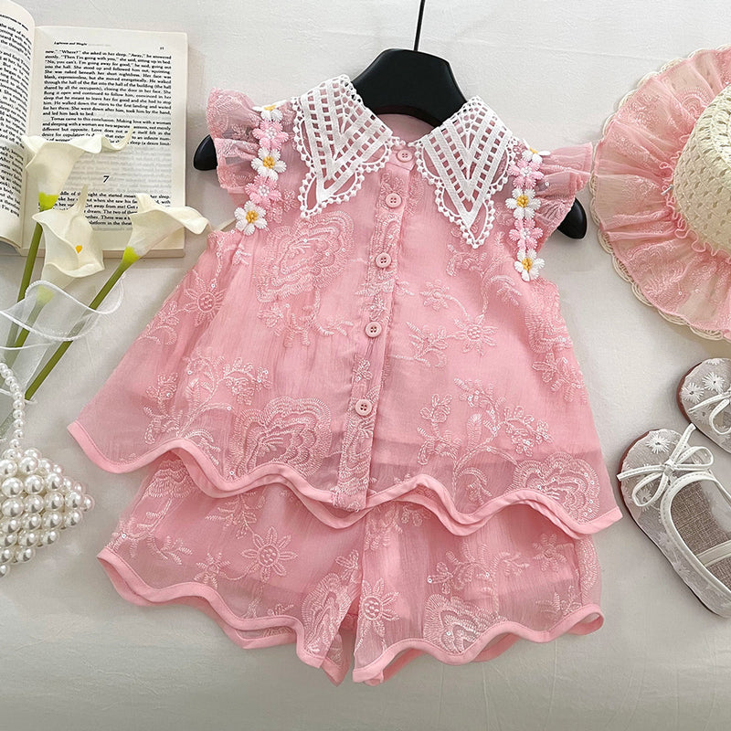 Girls Summer Flying Sleeve Embroidered Top and Shorts Two-piece Set