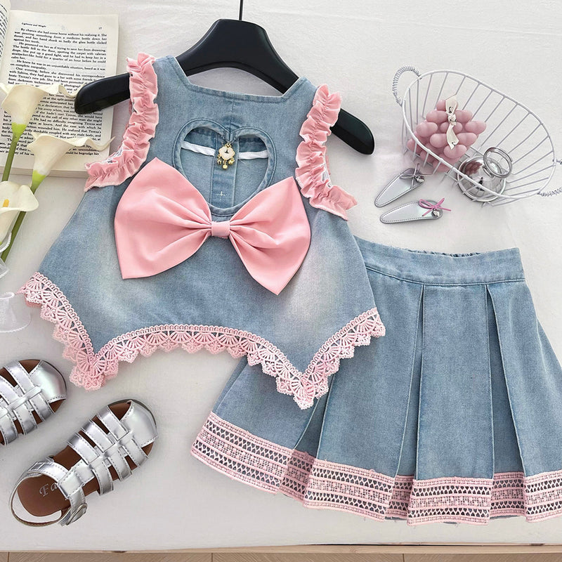Girls' New Summer Lace Sleeveless Top Skirt Denim Two-piece Suit