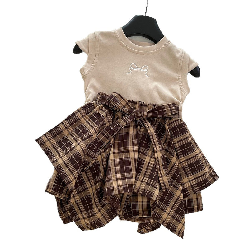 Girls' Summer Embroidered T-shirt Plaid Bow Irregular Skirt Two-piece Set