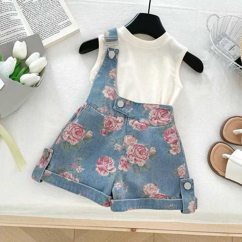 Girls Suit Summer New Knitted Vest Denim Overalls Two-piece Suit