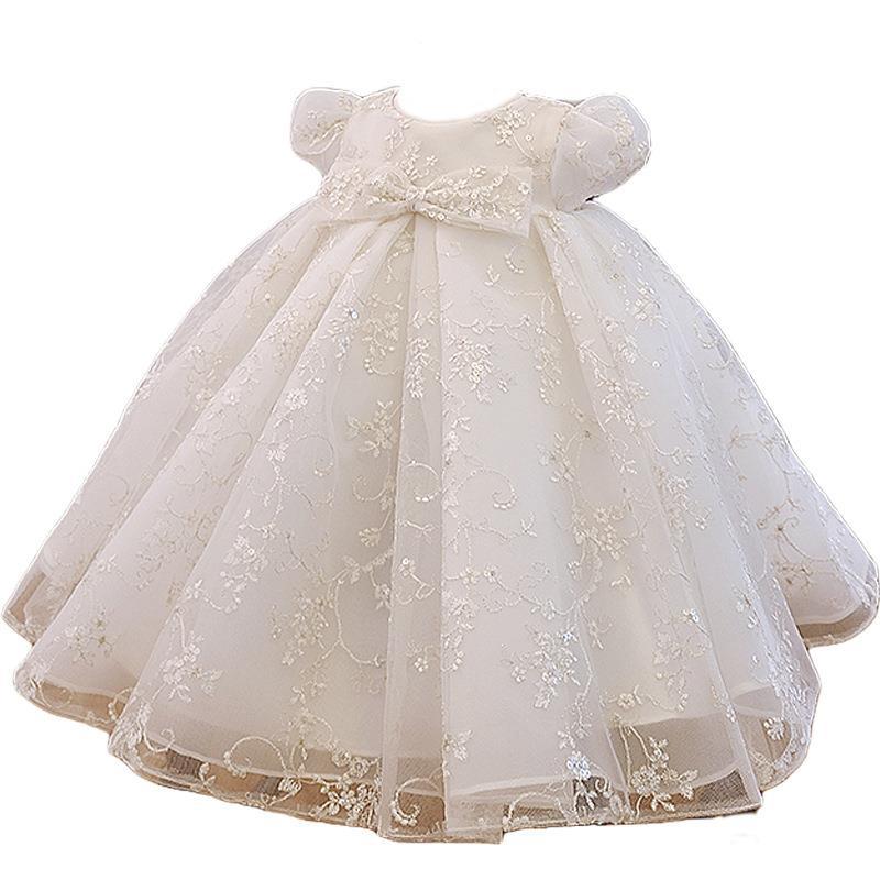 Flower Girl Patterned Puff Sleeve Bow-knot Communion dress