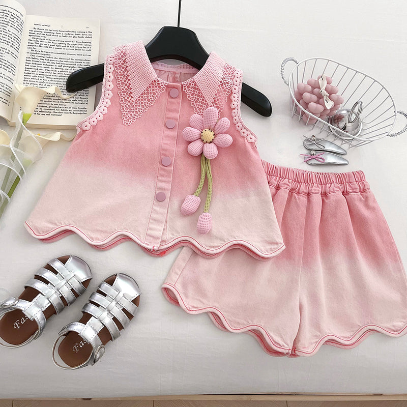 Girls' New Summer Lace Sleeveless Denim Top and Shorts Two-piece Set