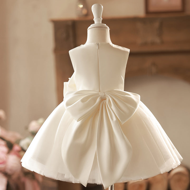 Flower Girl Dress Toddler Sleeveless Pageant Neckline Bow with Pearls Princess Dress