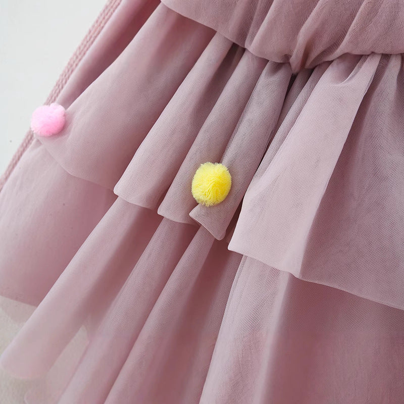 Girls' Long-sleeved Love Ball Puffy Tulle Princess Dress