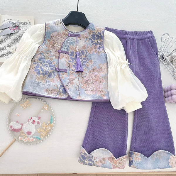 Girls' Autumn Vest Bottoming Shirt and Flared Pants Three-piece Set