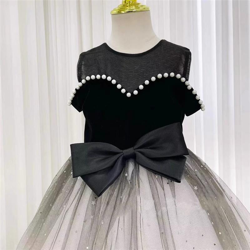 black dress white pearls Elegant Baby Girls Black and White Gradient Pearl Princess Dress Toddler Prom Dress, Black / 4-5 Years (120cm)