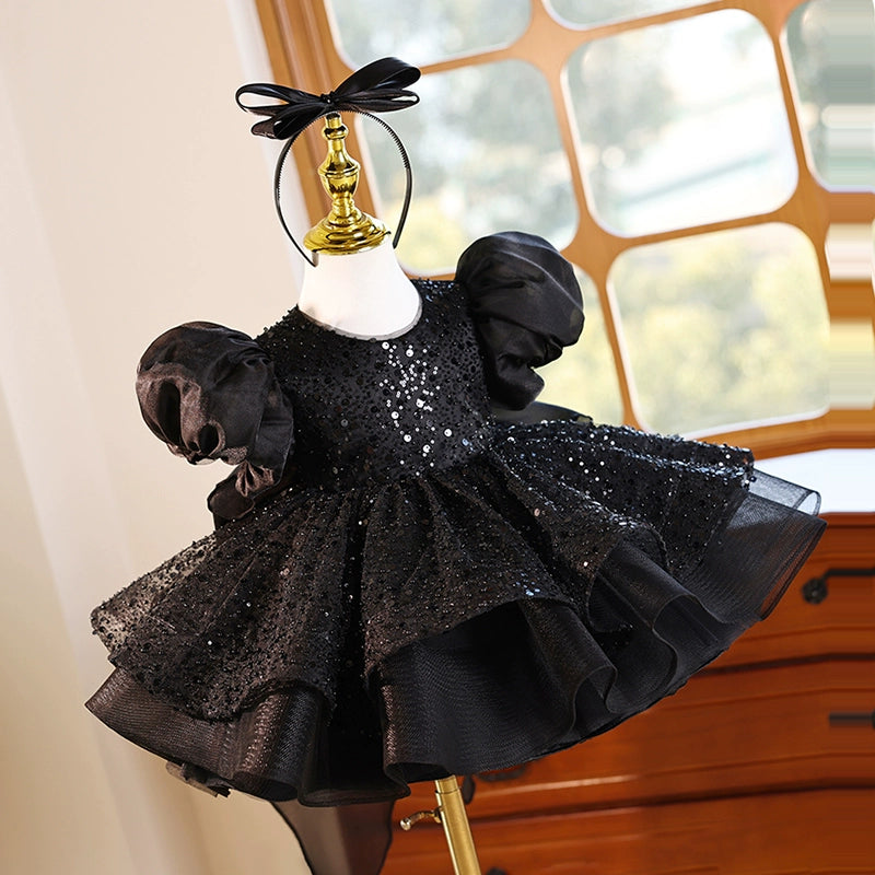 Black Children's Birthday Dress Girls Puff Sleeve Princess Dress