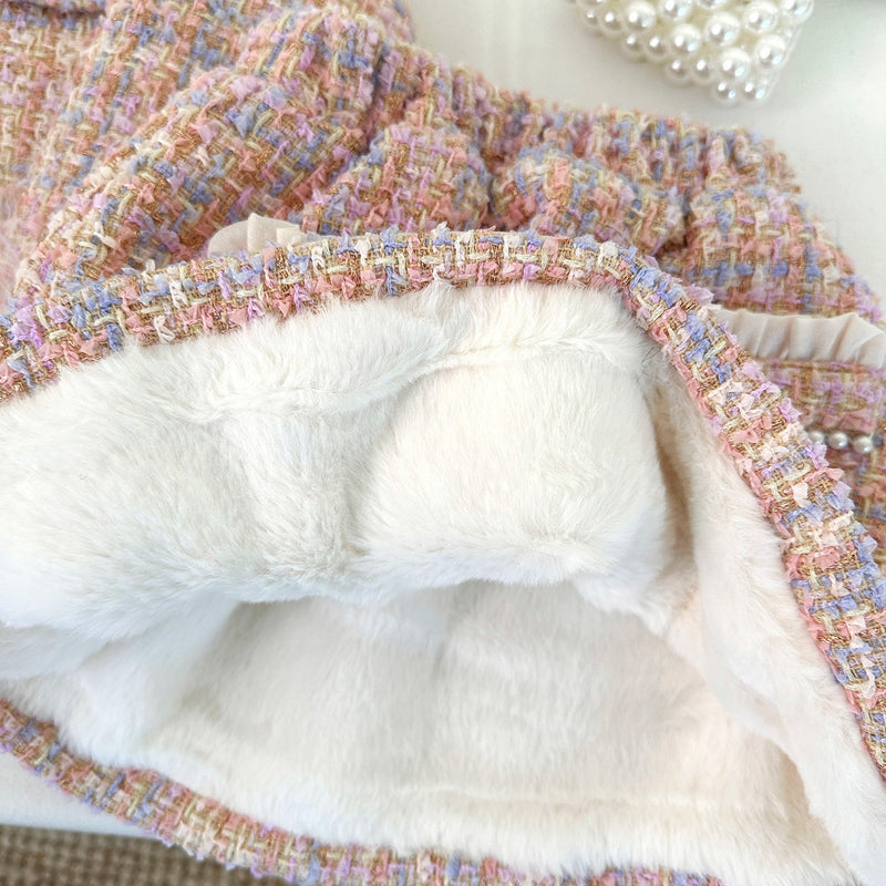 Girls' Winter Plaid Coat and Skirt Two-Piece Set