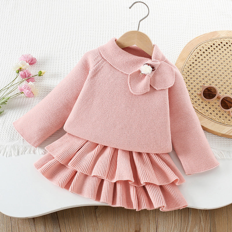 Girls' Solid Color Scarf Pullover Sweater Cake Skirt Two-piece Set