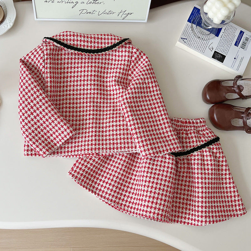 New Girls' Lapel Plaid Jacket and Skirt Two-piece Suit