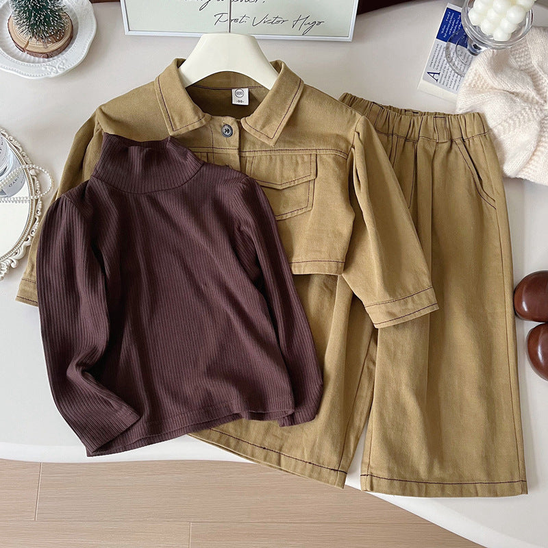 New Girls Autumn Khaki Jacket Bottoming Shirt Trousers Three-piece Set