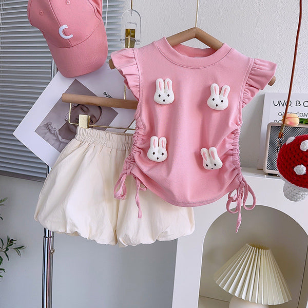 Girls' New Summer Suit Cute Bunny Top And Skirt Two-piece Set
