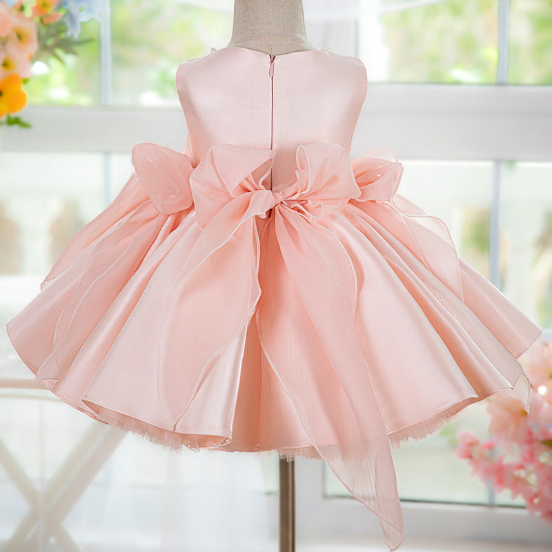 Elegant Baby Pink Sleeveless Bow Puff Dress Toddler Party Dresses