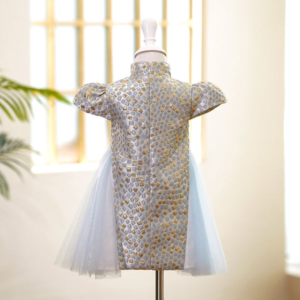 Elegant Baby Pattern Puff Sleeves Button-up One-year-old Dress Toddler Ball Gowns