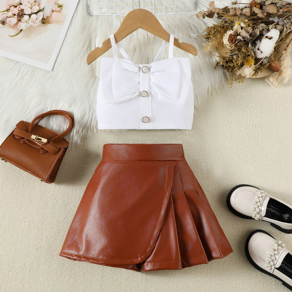 Girls Bowknot Camisole PU Leather Skirt Pants Two-piece Set