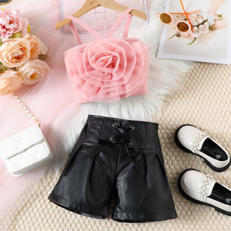 Girls Summer Flower Suspender PU Leather Shorts Two-piece Set
