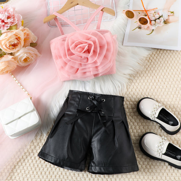 Girls Summer Flower Suspender PU Leather Shorts Two-piece Set