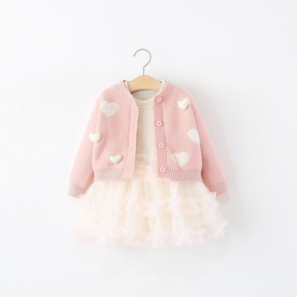 Girls Autumn Heart Sweater Cardigan Cake Princess Dress Two-Piece Set