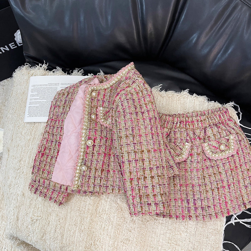 Girls' Winter Plaid Coat and Skirt Two-piece Set