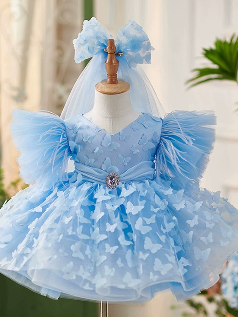 Cute Blue Butterfly  Pageant Dress Toddler First Birthday Party Princess Dress