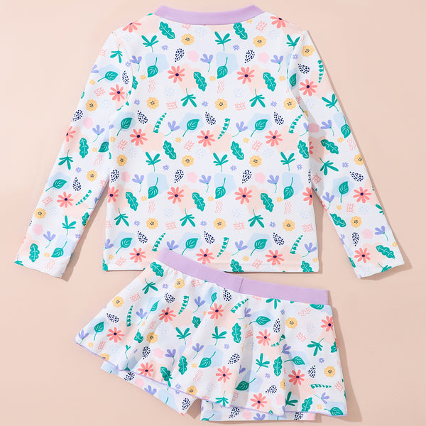 Summer Long Sleeve Baby Girl Sun Protection Swimsuit Two Piece Set