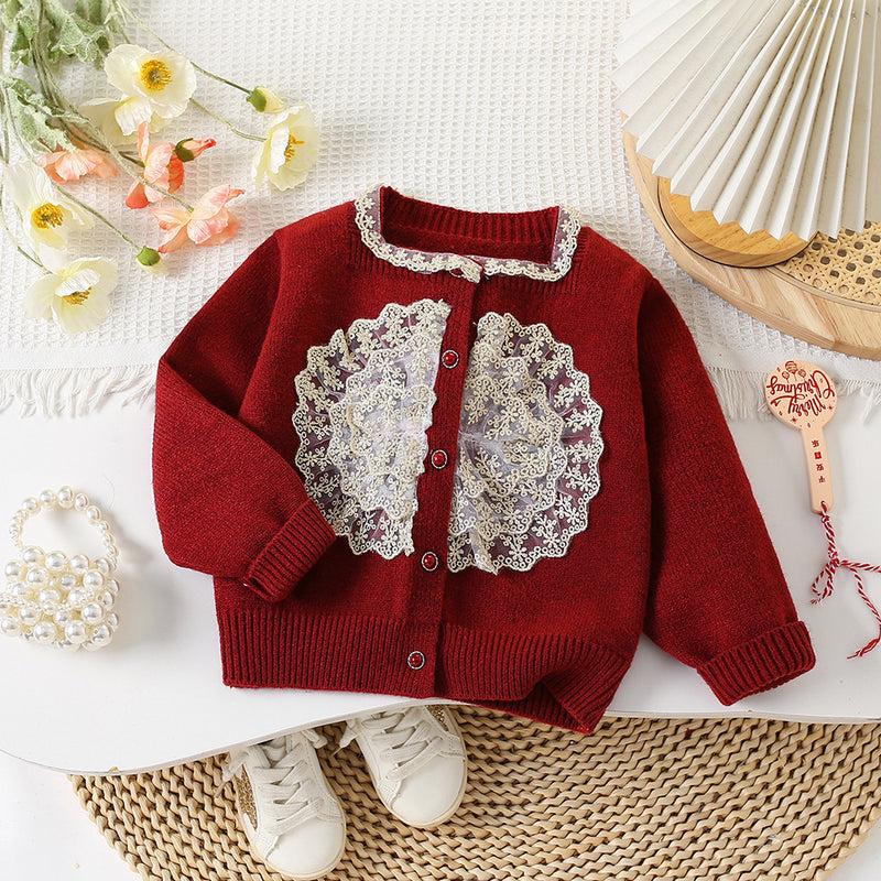 Girls Christmas Knitted Cardigan Mesh Tulle Tutu Skirt Two-Piece Set