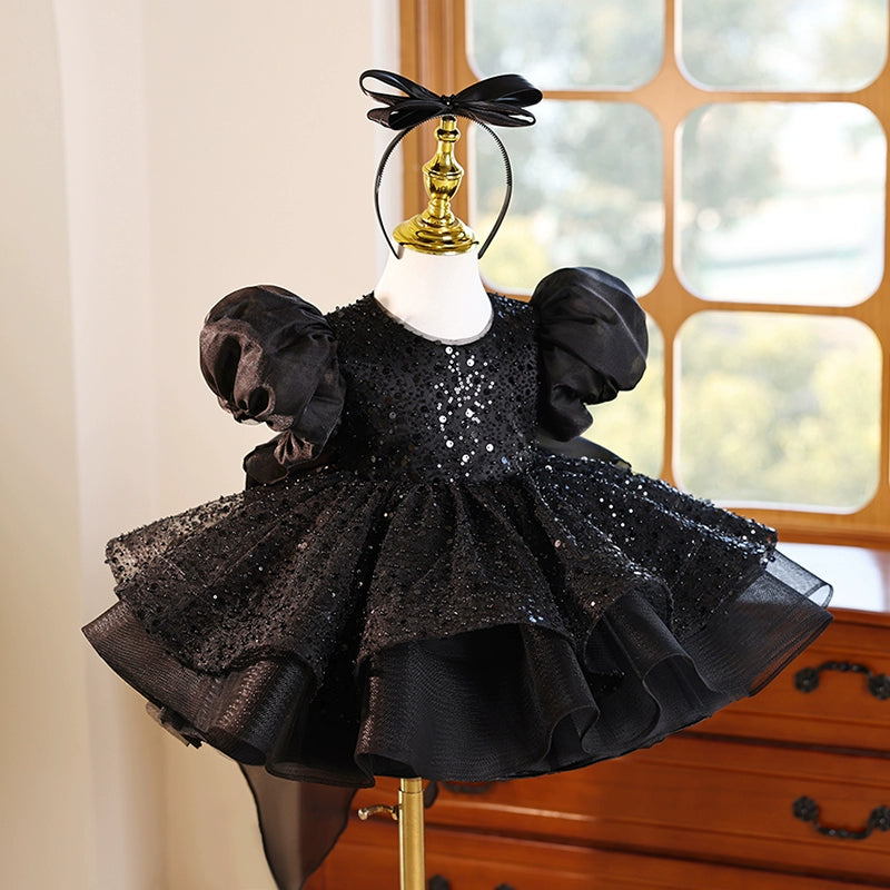 Black Children's Birthday Dress Girls Puff Sleeve Princess Dress