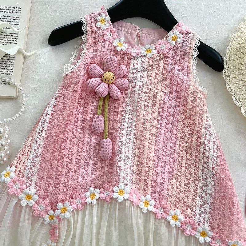 Girls' Sleeveless Summer New Hollow Flower Splicing Princess Dress