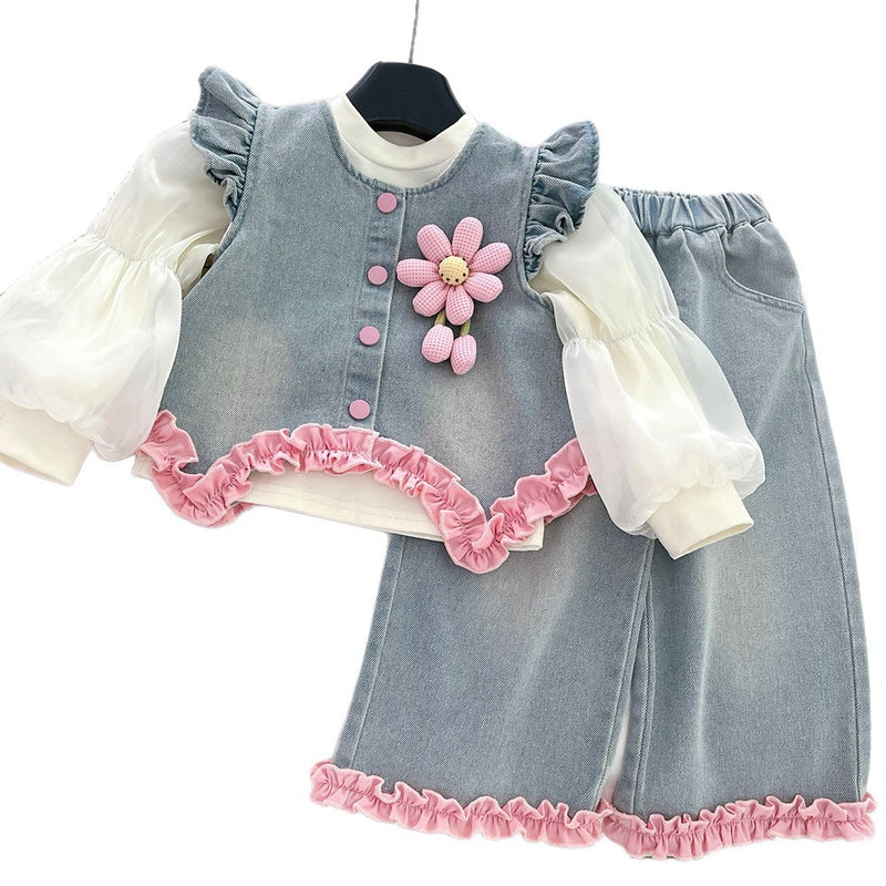 Girls' Autumn Denim Vest Shirt Wide-Leg Pants Three-Piece Set