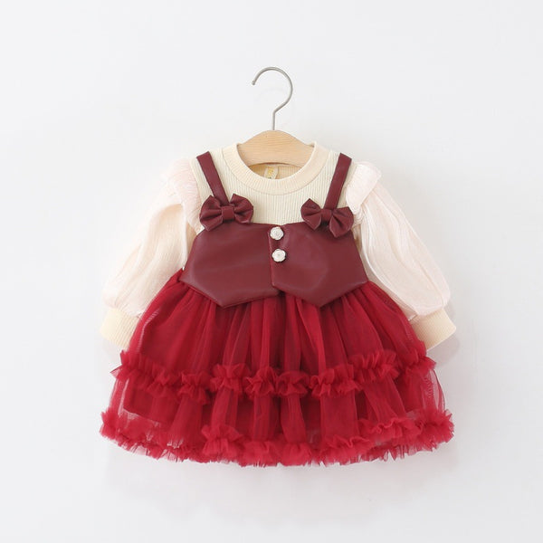 Girls Autumn PU Leather Fake Two-Piece Puffy Princess Dress