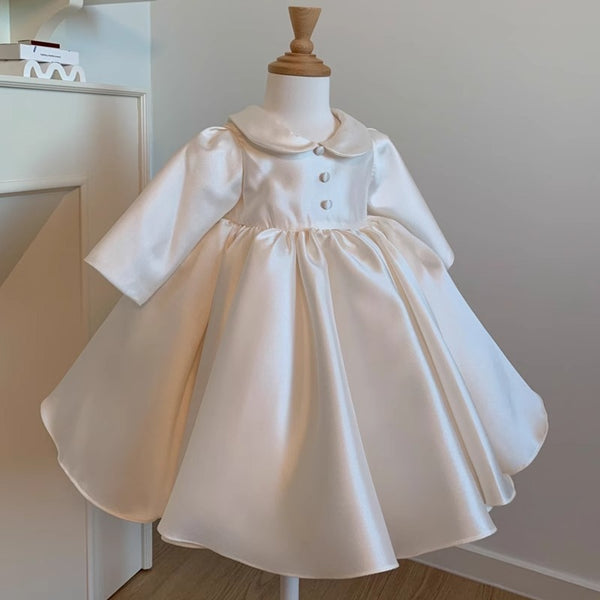 Elegant Baby Girls White Baby Doll Neck Bow Princess Dress Toddler First Birthday Dress