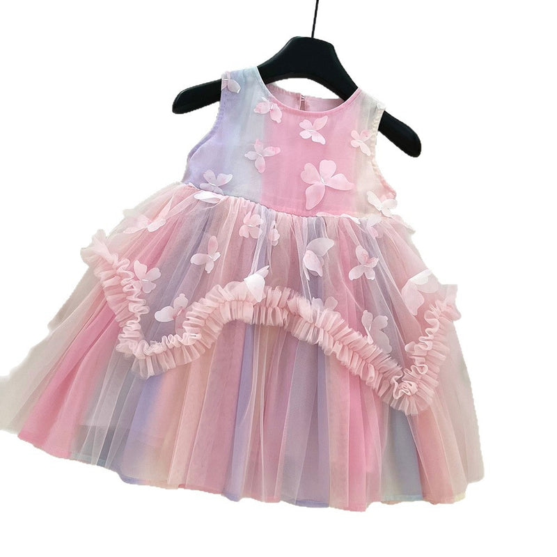 Girls Summer Rainbow Mesh Sleeveless Puffy Dress