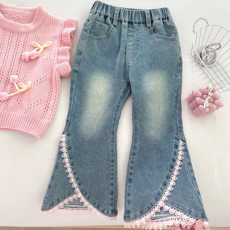 Girls' Autumn Knitted Sweater Vest Shirt Jeans Three-piece Set