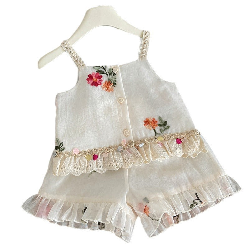 Girls Summer New Embroidered Suspender Shorts Two-piece Suit