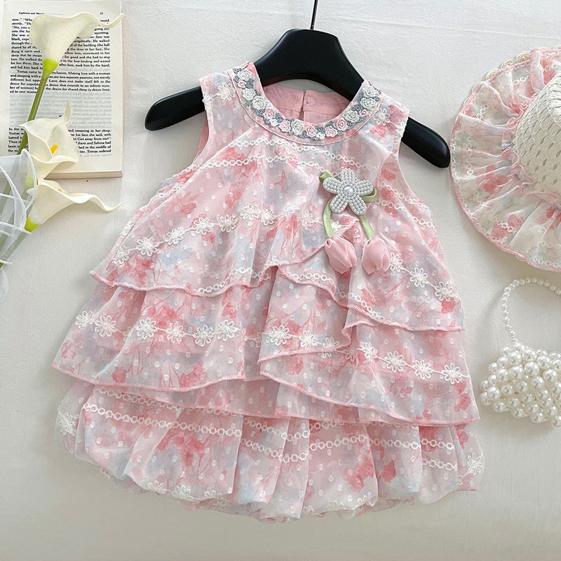Summer Girls Sleeveless Vest Flower Bud Shorts Two-piece Set