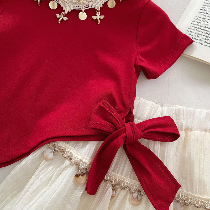 Girls' New Summer Irregular Bow Top Skirt Two-piece Set