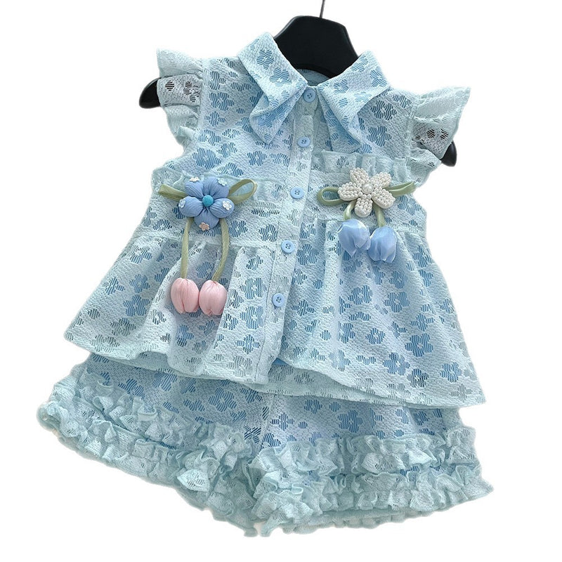 Girls Summer New Style Flying Sleeve Top Flower Lace Shorts Two-piece Set