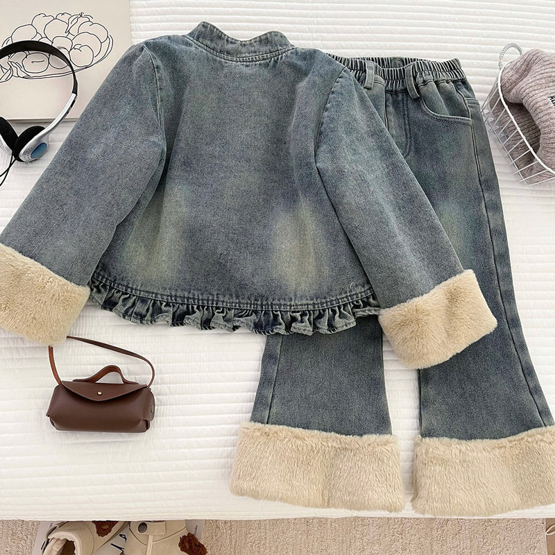 Girls' Winter Denim Jacket Flared Jeans Two-piece Set