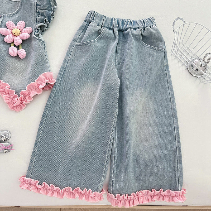 Girls' Autumn Denim Vest Shirt Wide-Leg Pants Three-Piece Set
