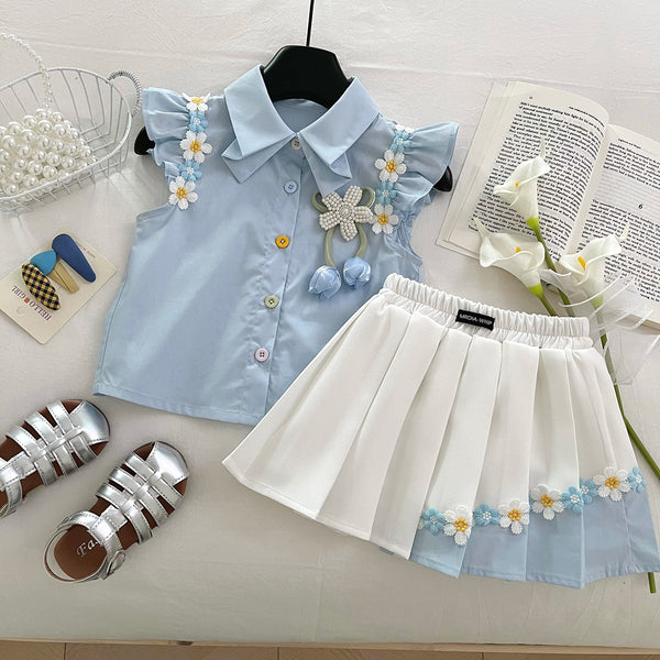 New Summer Baby Flower Top Pleated Skirt Two Piece Set